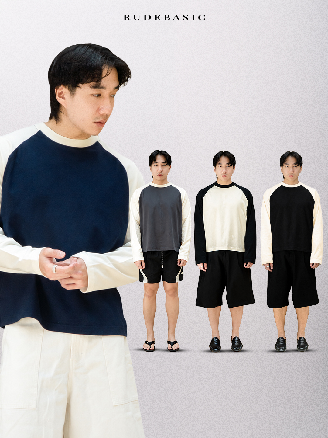 RUDEBASIC - ⁠Rex Raglan Boxy Longsleeve | Medium Weight Cotton | Black, Navy, Grey