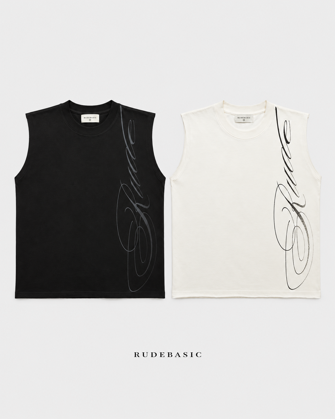 RUDEBASIC - Cali Sleeveless Tee | Mid Weight Soft Cotton | Broken White , Black
