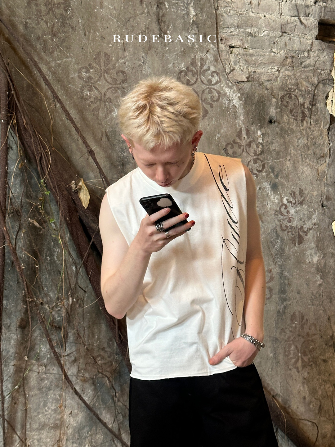 RUDEBASIC - Cali Sleeveless Tee | Mid Weight Soft Cotton | Broken White , Black