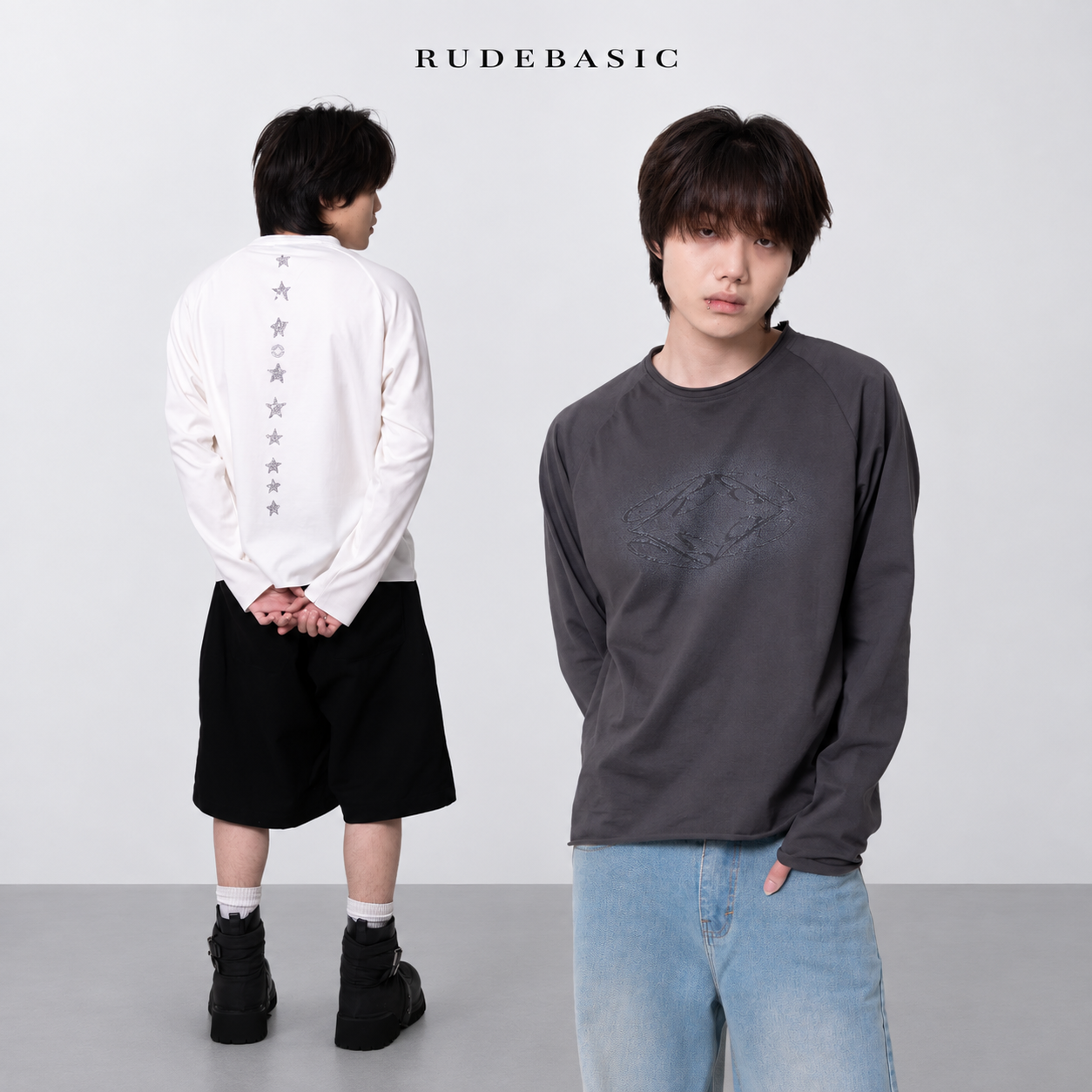 RUDEBASIC - Dust Raglan Boxy Longsleeve | Mid weight cotton | Broken White, Ash Grey