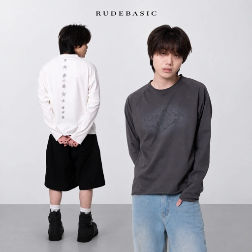 RUDEBASIC - Dust Raglan Boxy Longsleeve | Mid weight cotton | Broken White, Ash Grey