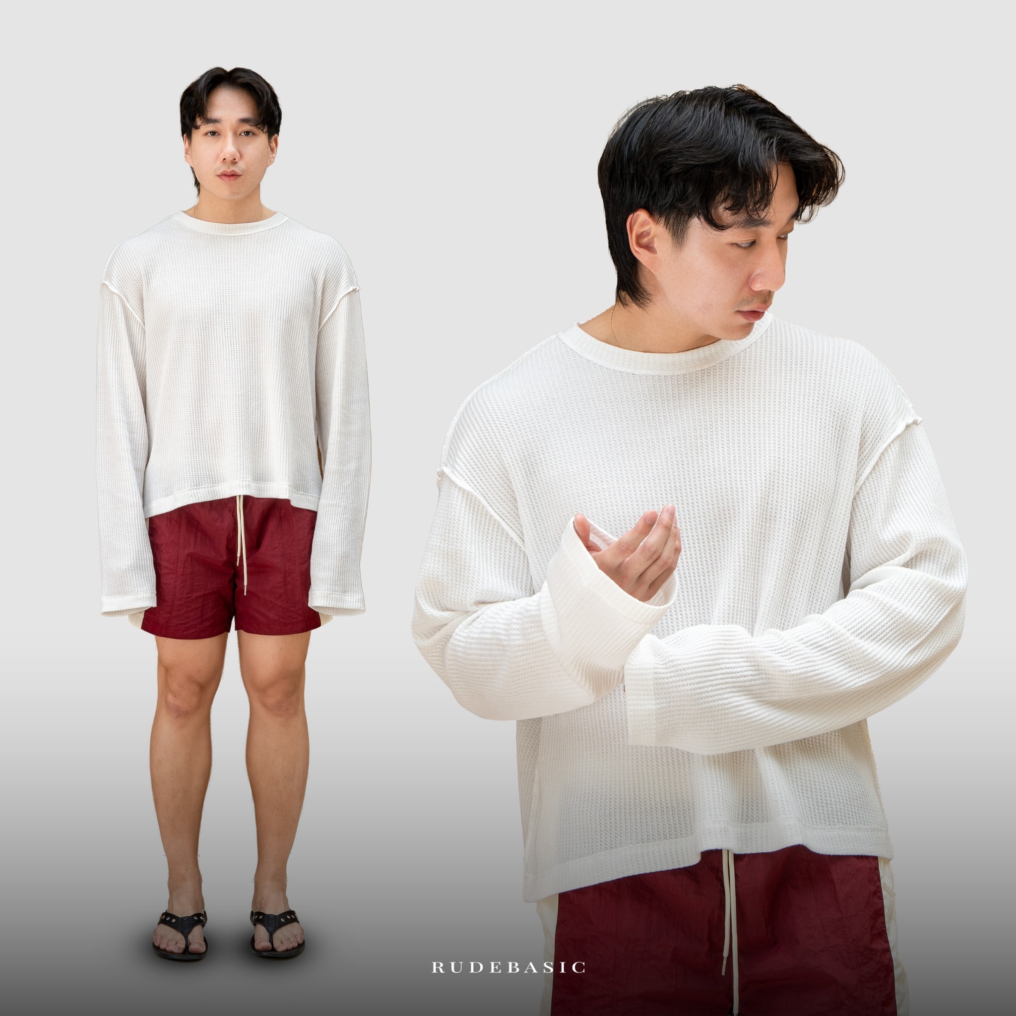 RUDEBASIC - Jake Cotton Waffle Boxy Longsleeve White | 100% Cotton | White