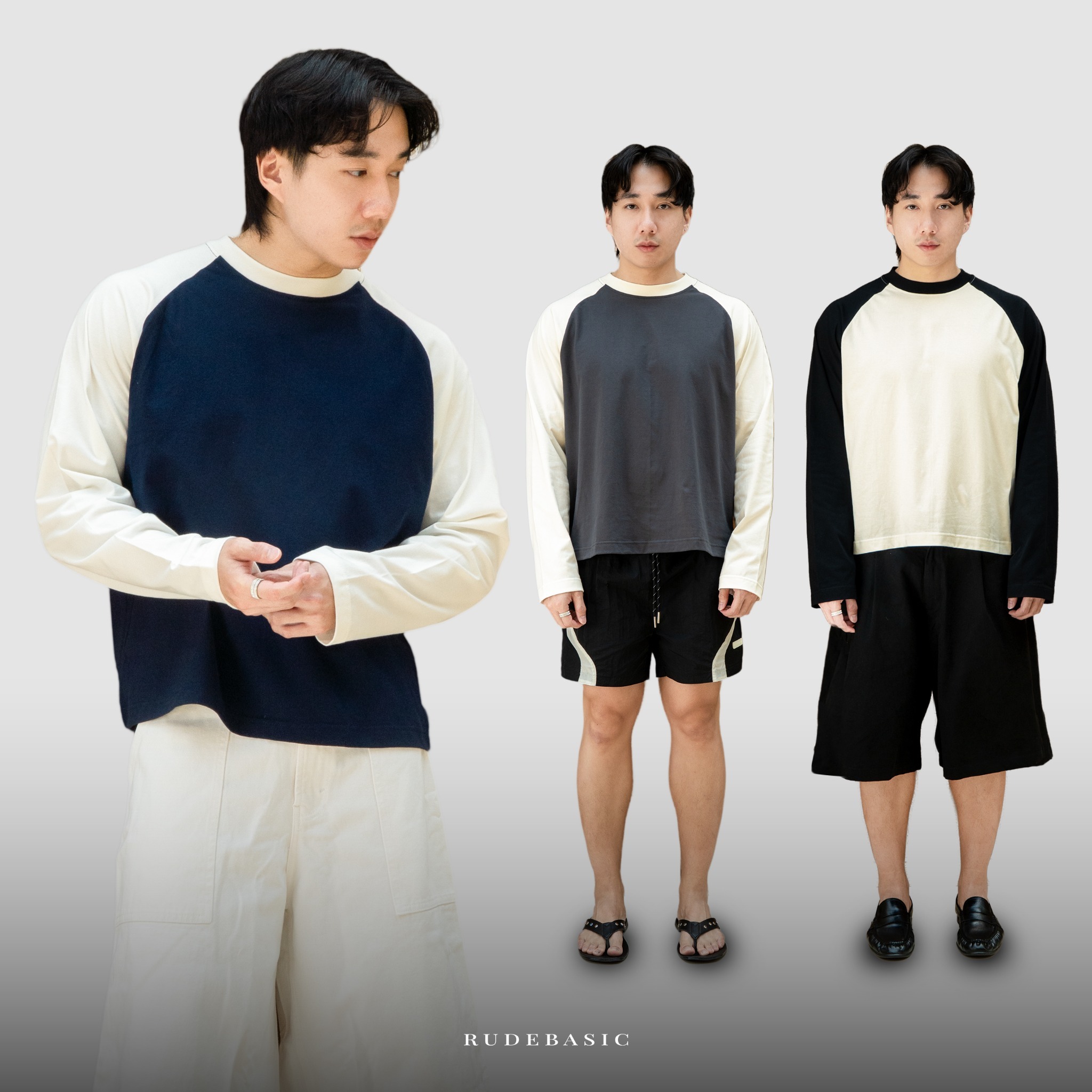 RUDEBASIC - ⁠Rex Raglan Boxy Longsleeve | Medium Weight Cotton | Black, Navy, Grey