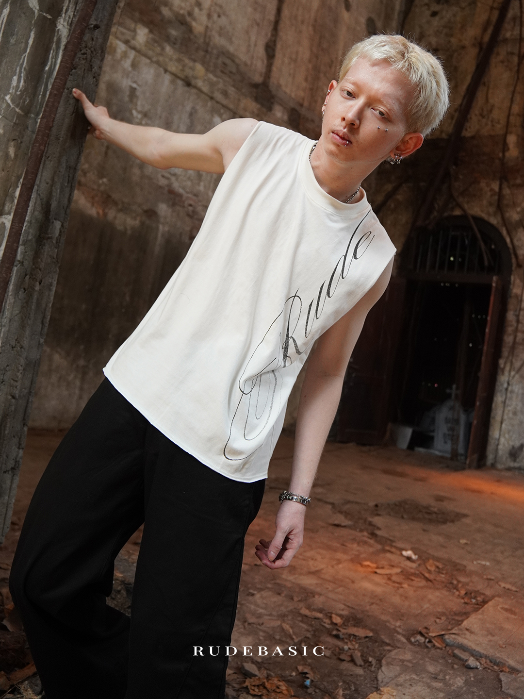 RUDEBASIC - Cali Sleeveless Tee | Mid Weight Soft Cotton | Broken White , Black