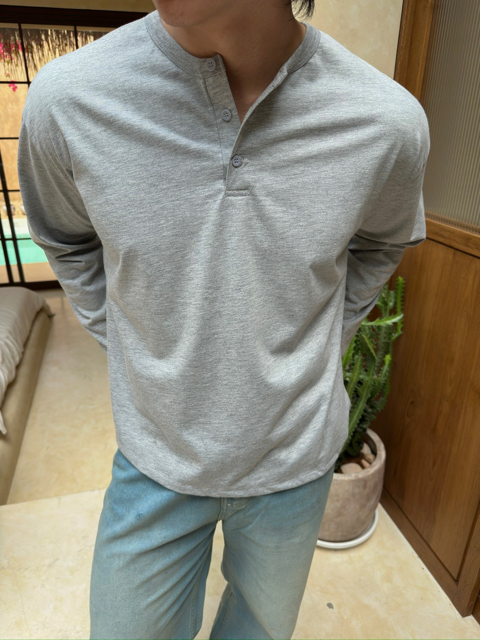 RUDEBASIC - Misty Grey Harvei Longsleeve Henley | Light weight cotton | henley pria | henley abu misty