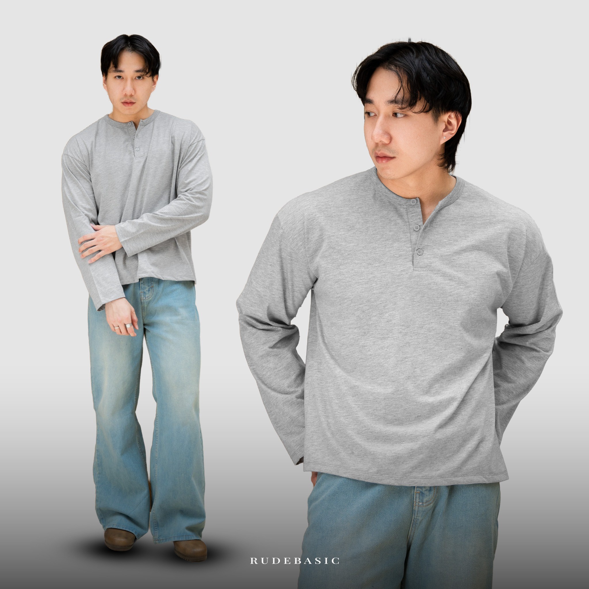 RUDEBASIC - Misty Grey Harvei Longsleeve Henley | Light weight cotton | henley pria | henley abu misty