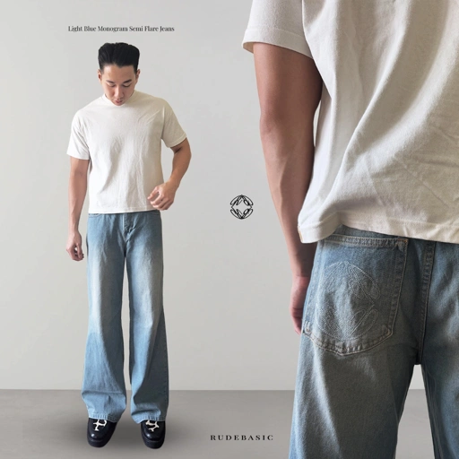 Image of Rudebasic - Light Blue Monogram Semi Flare Jeans | Celana Jeans Panjang