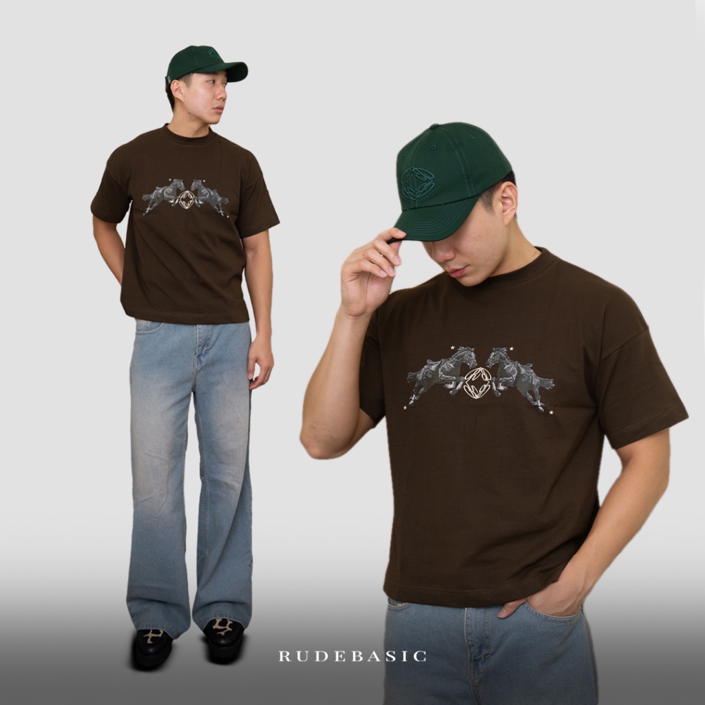 RUDEBASIC - Brown Horse Monogram Tiny Tee - Heavy Weight Cotton | Kaos Boxy | Kaos Coklat Pria