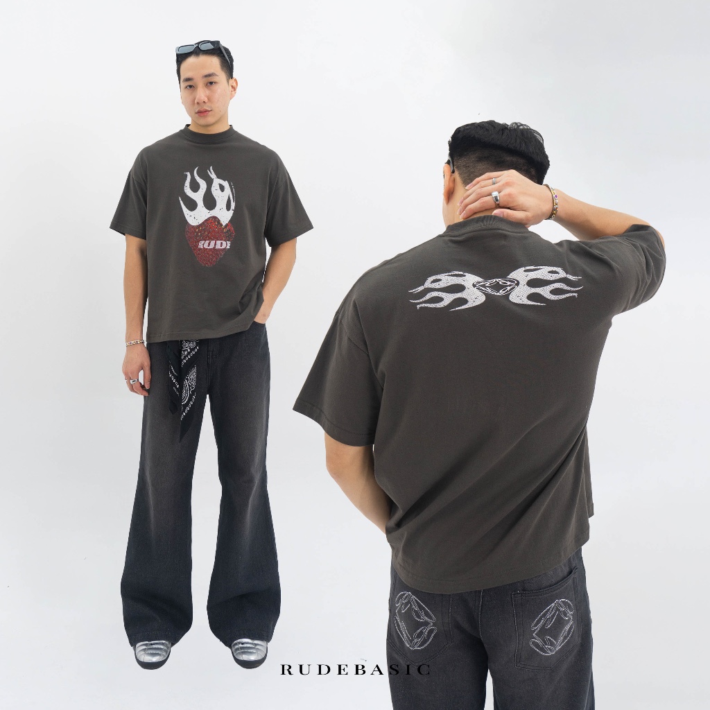RUDEBASIC - Flame Berry Tiny Tee - Heavy Weight Cotton| Kaos Boxy | Kaos Abu  Pria