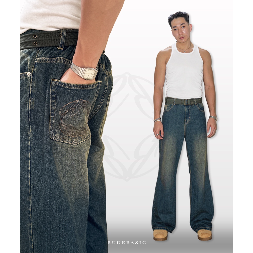 RUDEBASIC - Vintage Blue Monogram Semi Flare Jeans | UNISEX | Celana Jeans Panjang