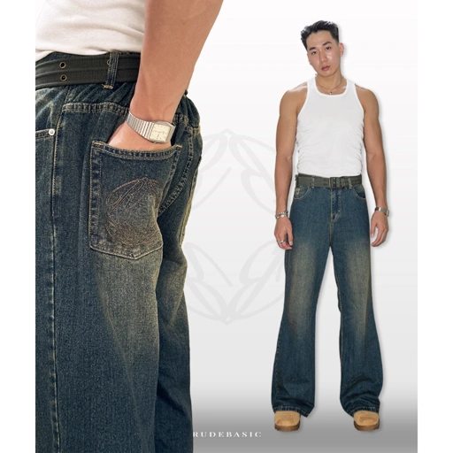 Image of RUDEBASIC - Vintage Blue Monogram Semi Flare Jeans | UNISEX | Celana Jeans Panjang