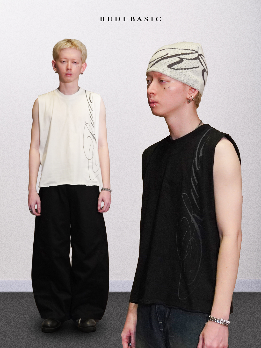 RUDEBASIC - Cali Sleeveless Tee | Mid Weight Soft Cotton | Broken White , Black