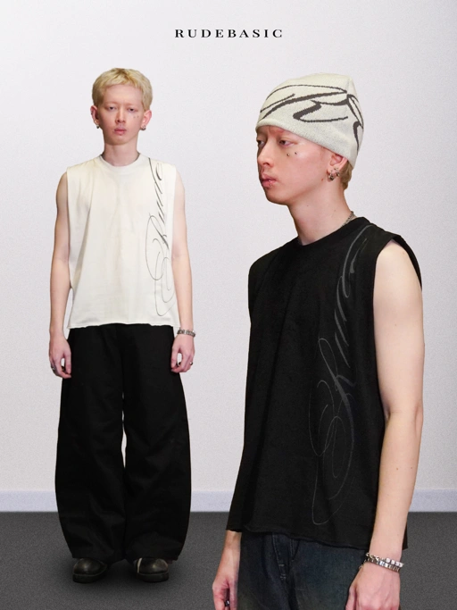 RUDEBASIC - Cali Sleeveless Tee | Mid Weight Soft Cotton | Broken White , Black