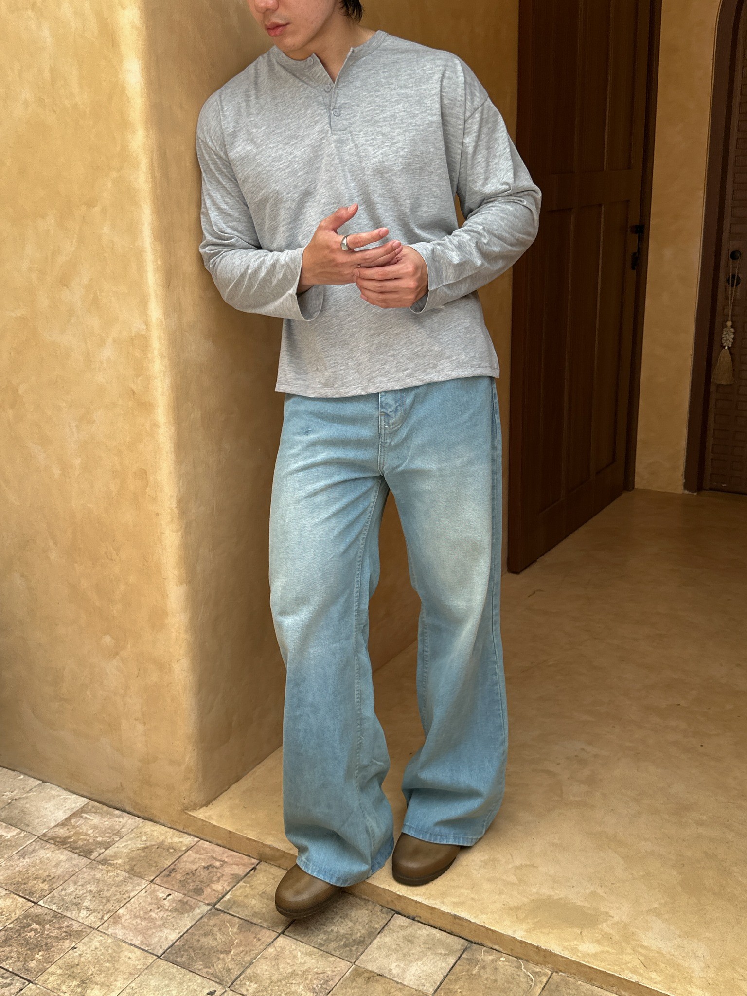RUDEBASIC - Misty Grey Harvei Longsleeve Henley | Light weight cotton | henley pria | henley abu misty