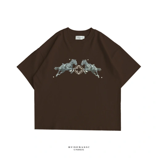 Image of RUDEBASIC - Brown Horse Monogram Tiny Tee - Heavy Weight Cotton | Kaos Boxy | Kaos Coklat Pria