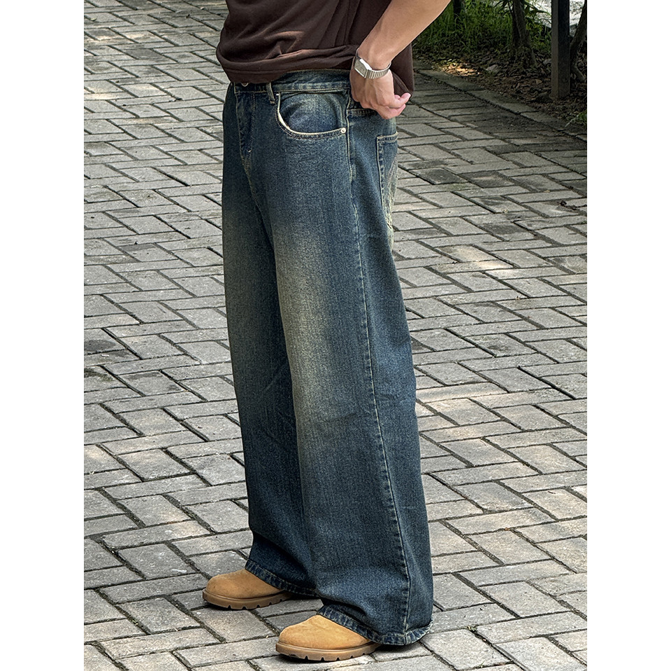 RUDEBASIC - Vintage Blue Monogram Semi Flare Jeans | UNISEX | Celana Jeans Panjang