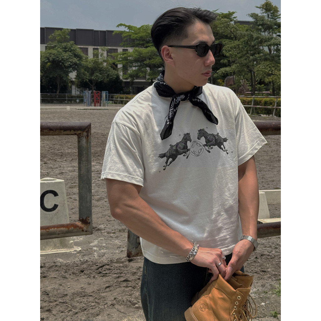 RUDEBASIC - BW Horse Monogram Tiny Tee - Heavy Weight Cotton| Kaos Boxy | Kaos Putih Pria