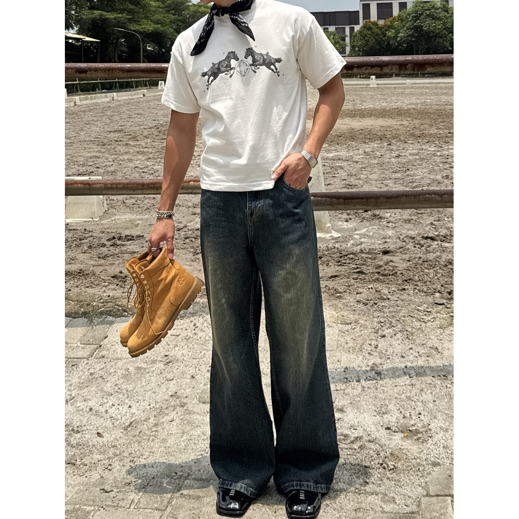 RUDEBASIC - BW Horse Monogram Tiny Tee - Heavy Weight Cotton| Kaos Boxy | Kaos Putih Pria