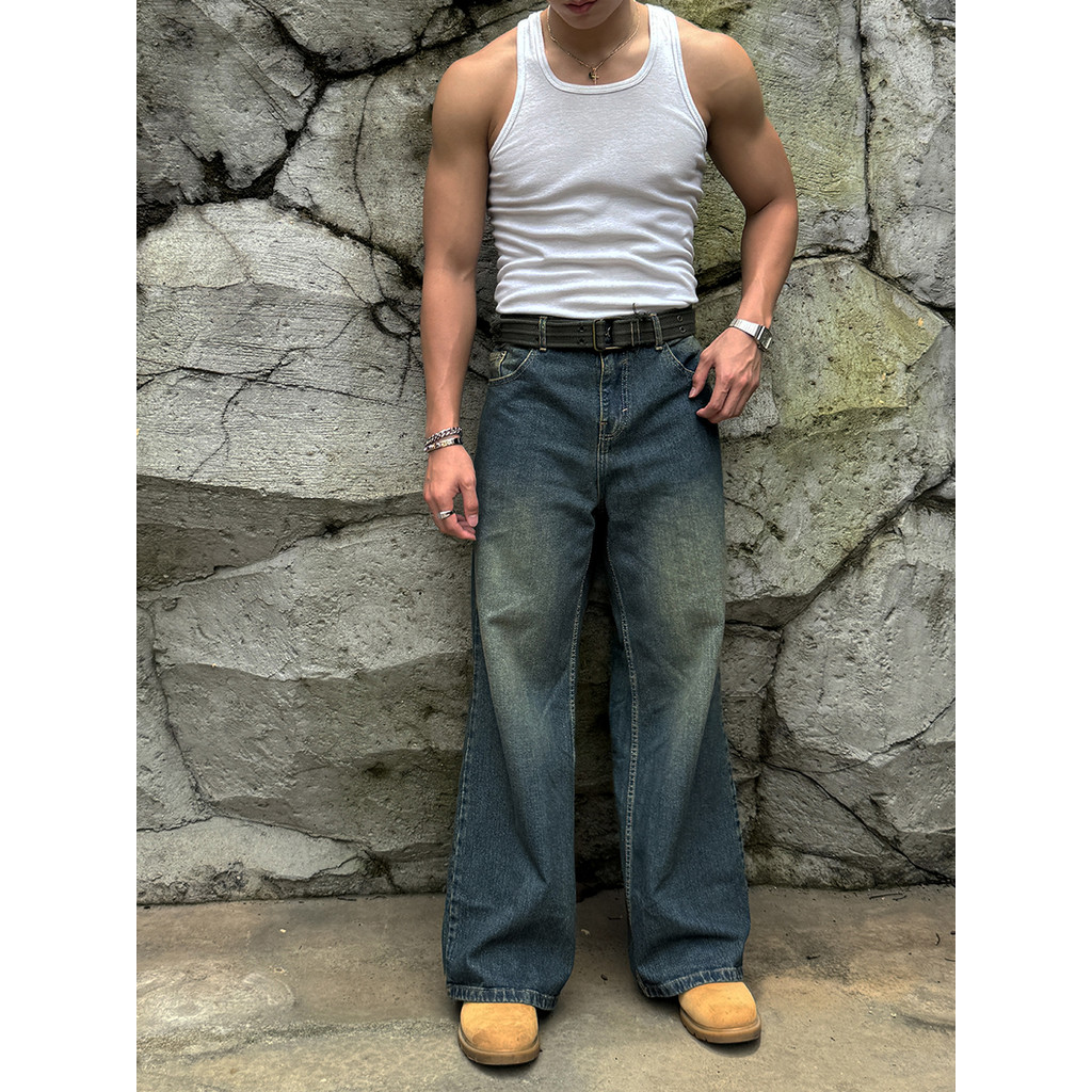 RUDEBASIC - Vintage Blue Monogram Semi Flare Jeans | UNISEX | Celana Jeans Panjang