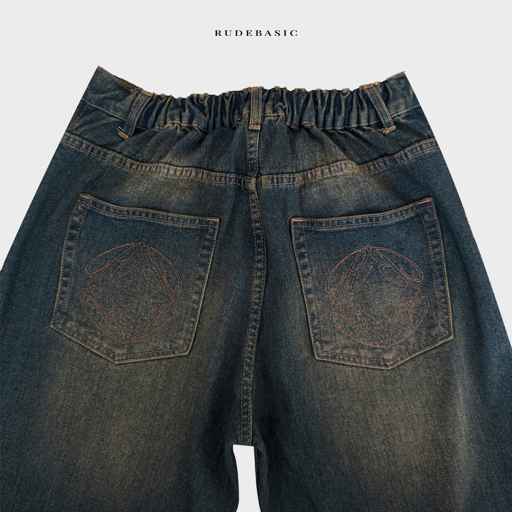 RUDEBASIC - Vintage Blue Monogram Semi Flare Jeans | UNISEX | Celana Jeans Panjang