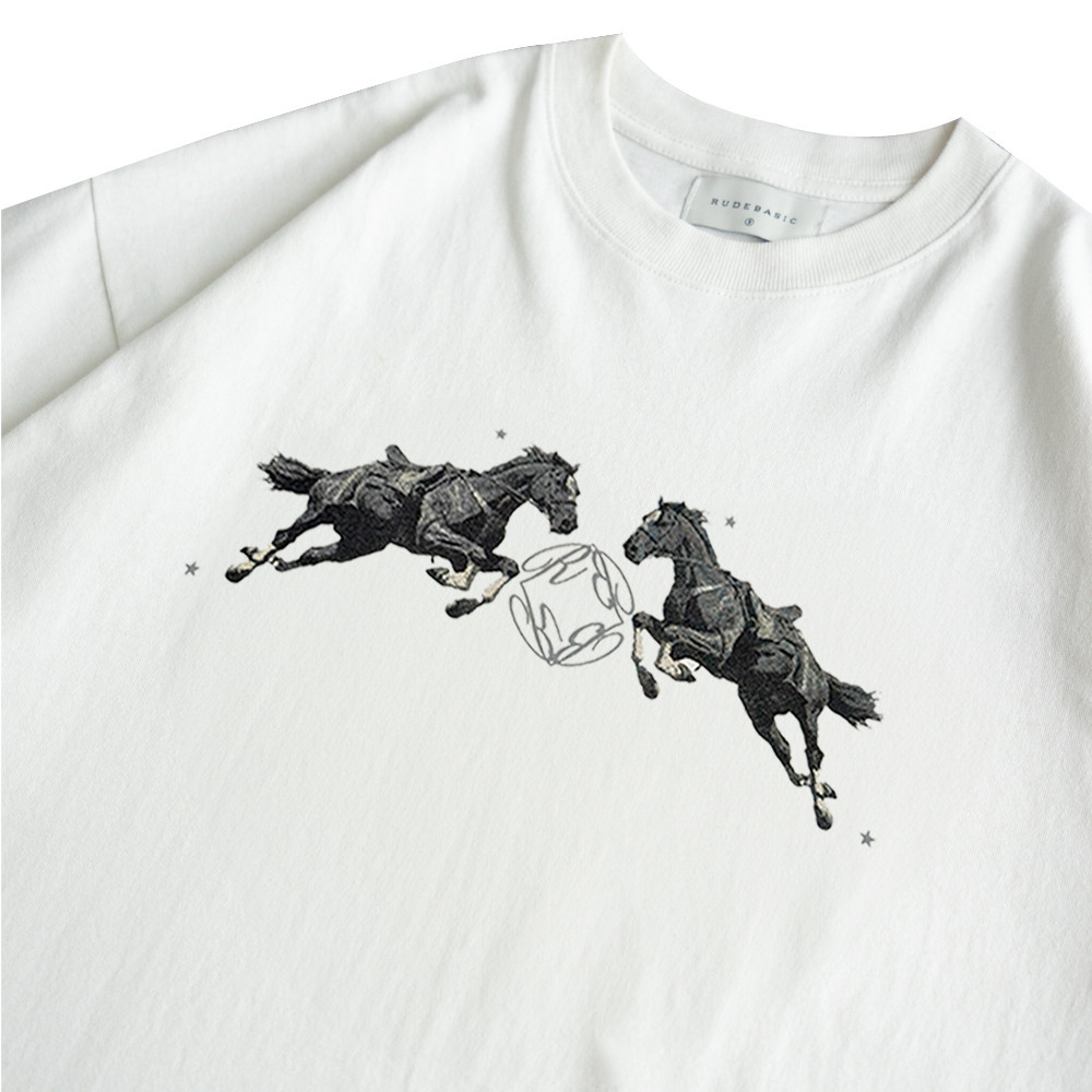 RUDEBASIC - BW Horse Monogram Tiny Tee - Heavy Weight Cotton| Kaos Boxy | Kaos Putih Pria