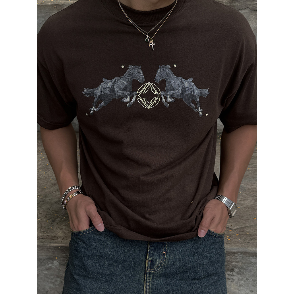 RUDEBASIC - Brown Horse Monogram Tiny Tee - Heavy Weight Cotton | Kaos Boxy | Kaos Coklat Pria