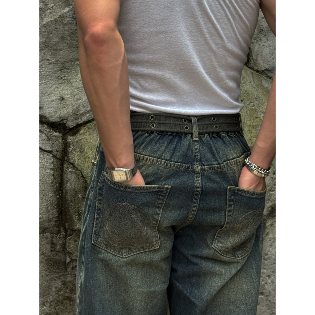 RUDEBASIC - Vintage Blue Monogram Semi Flare Jeans | UNISEX | Celana Jeans Panjang