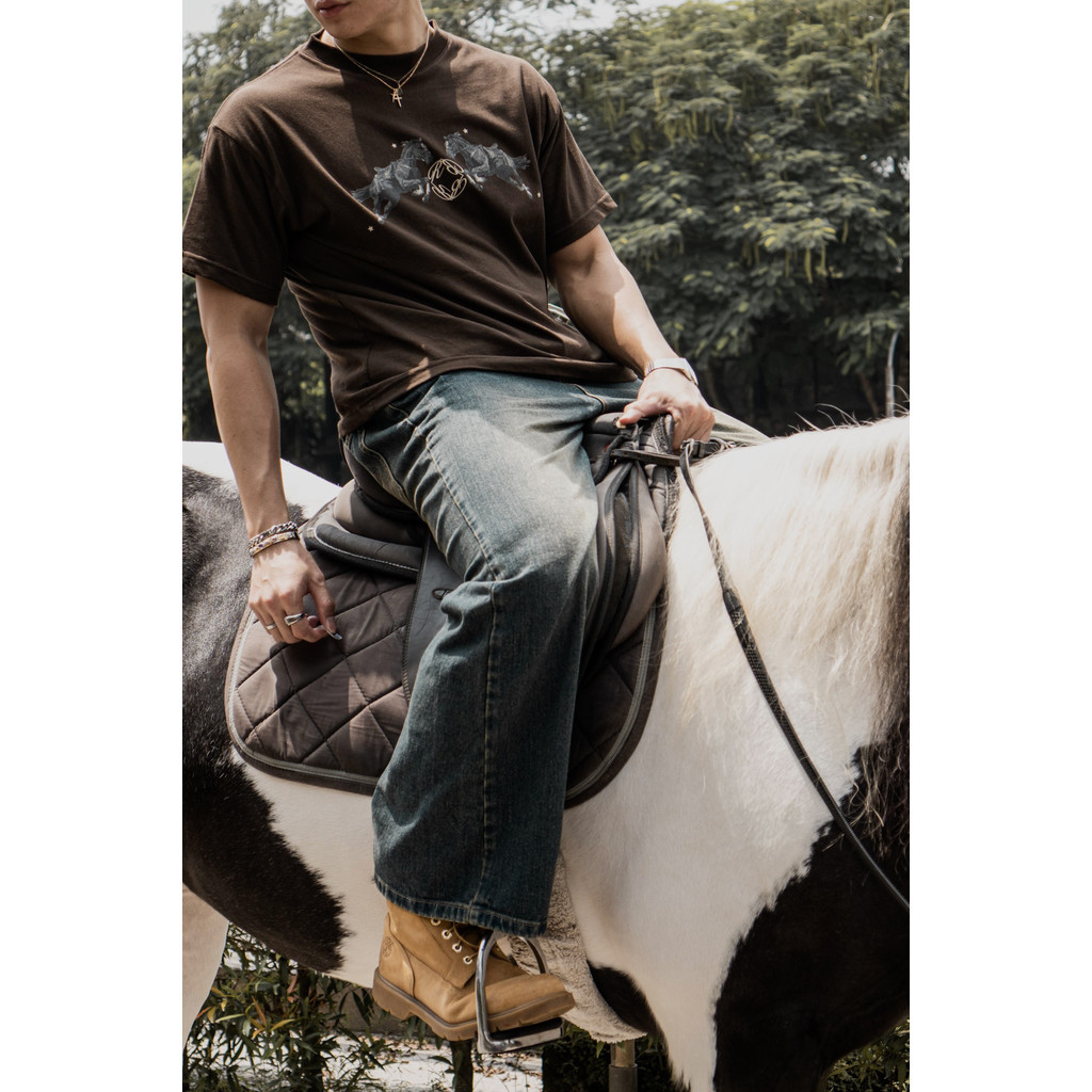 RUDEBASIC - Brown Horse Monogram Tiny Tee - Heavy Weight Cotton | Kaos Boxy | Kaos Coklat Pria