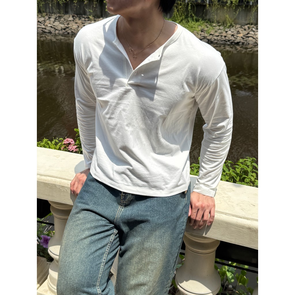 RUDEBASIC - Harvei Longsleeve Henley | Light weight cotton | henley pria | henley putih