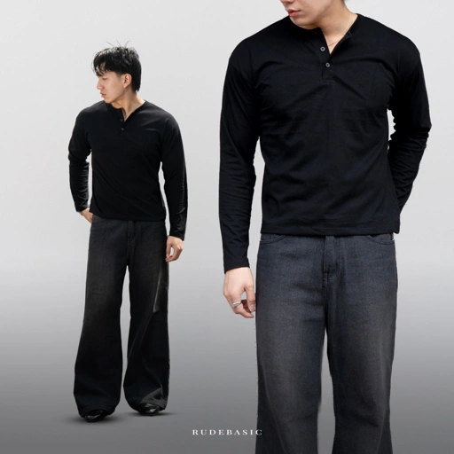 Image of RUDEBASIC - Black Harvei Longsleeve Henley | Light weight cotton | henley pria | henley putih
