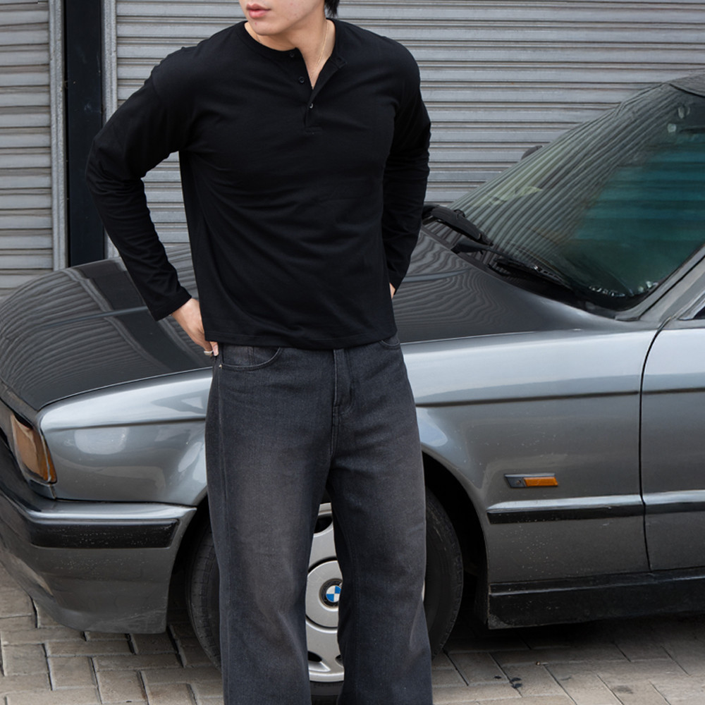 RUDEBASIC - Black Harvei Longsleeve Henley | Light weight cotton | henley pria | henley putih
