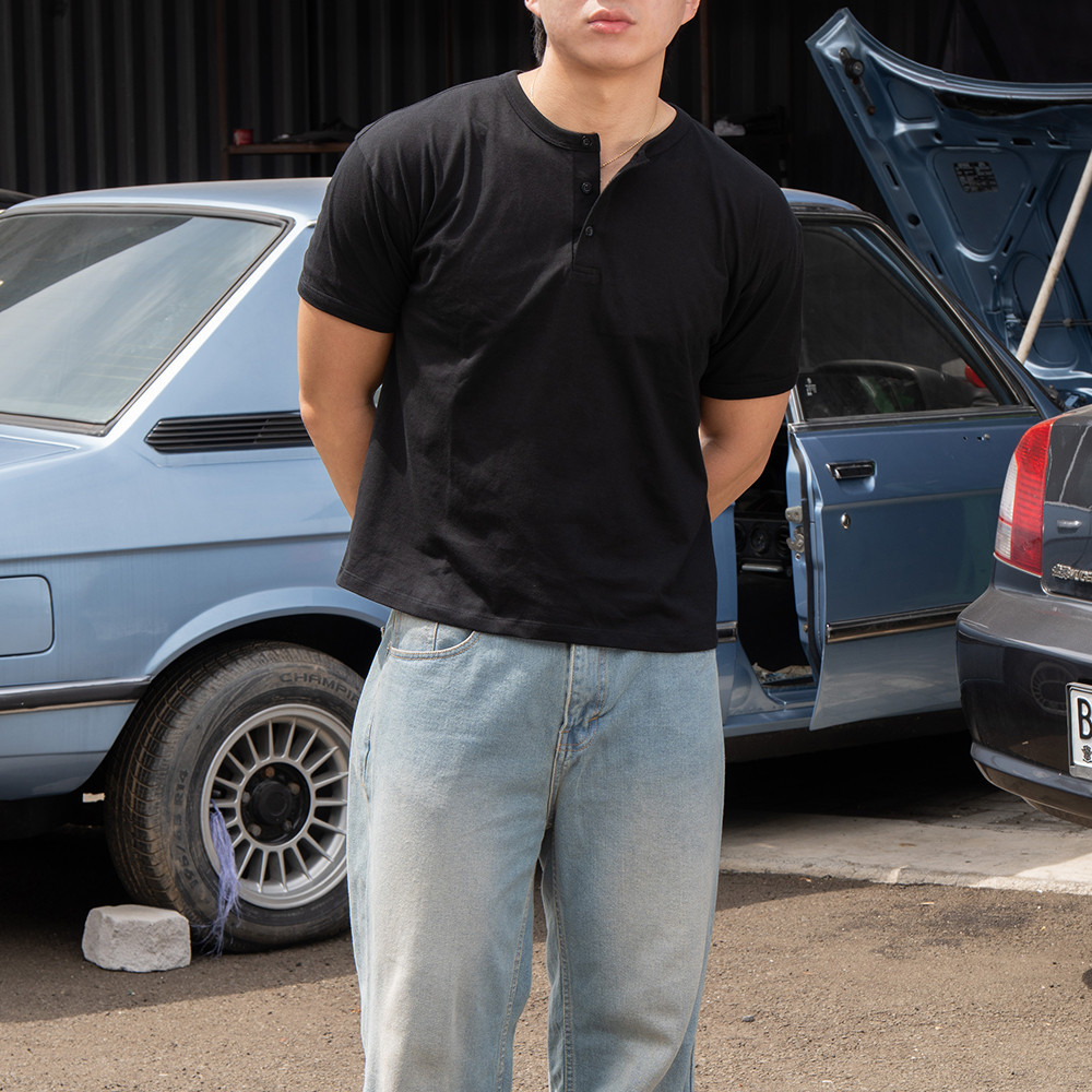 RUDEBASIC - Black Dennys Short sleeve Henley | Light weight cotton | henley pria | henley putih