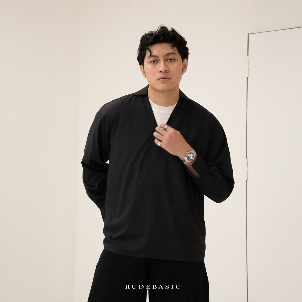 RUDEBASIC - Dean Boxy V-neck Shirt | Kemeja Pria | Boxy Shirt