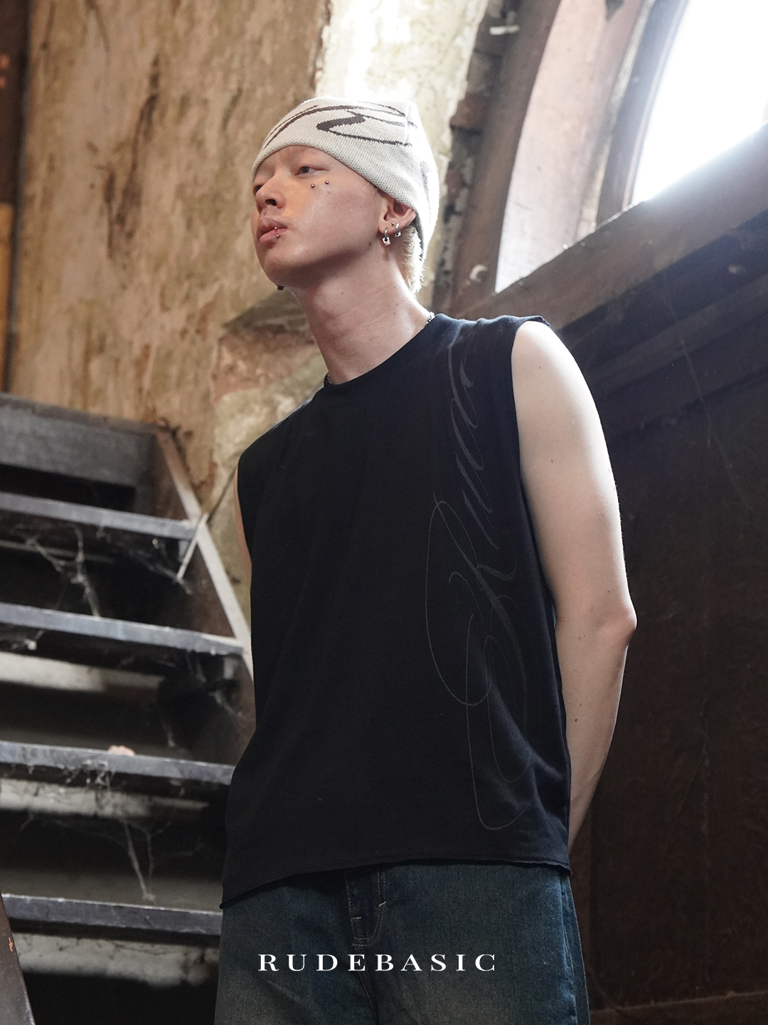 RUDEBASIC - Cali Sleeveless Tee | Mid Weight Soft Cotton | Broken White , Black