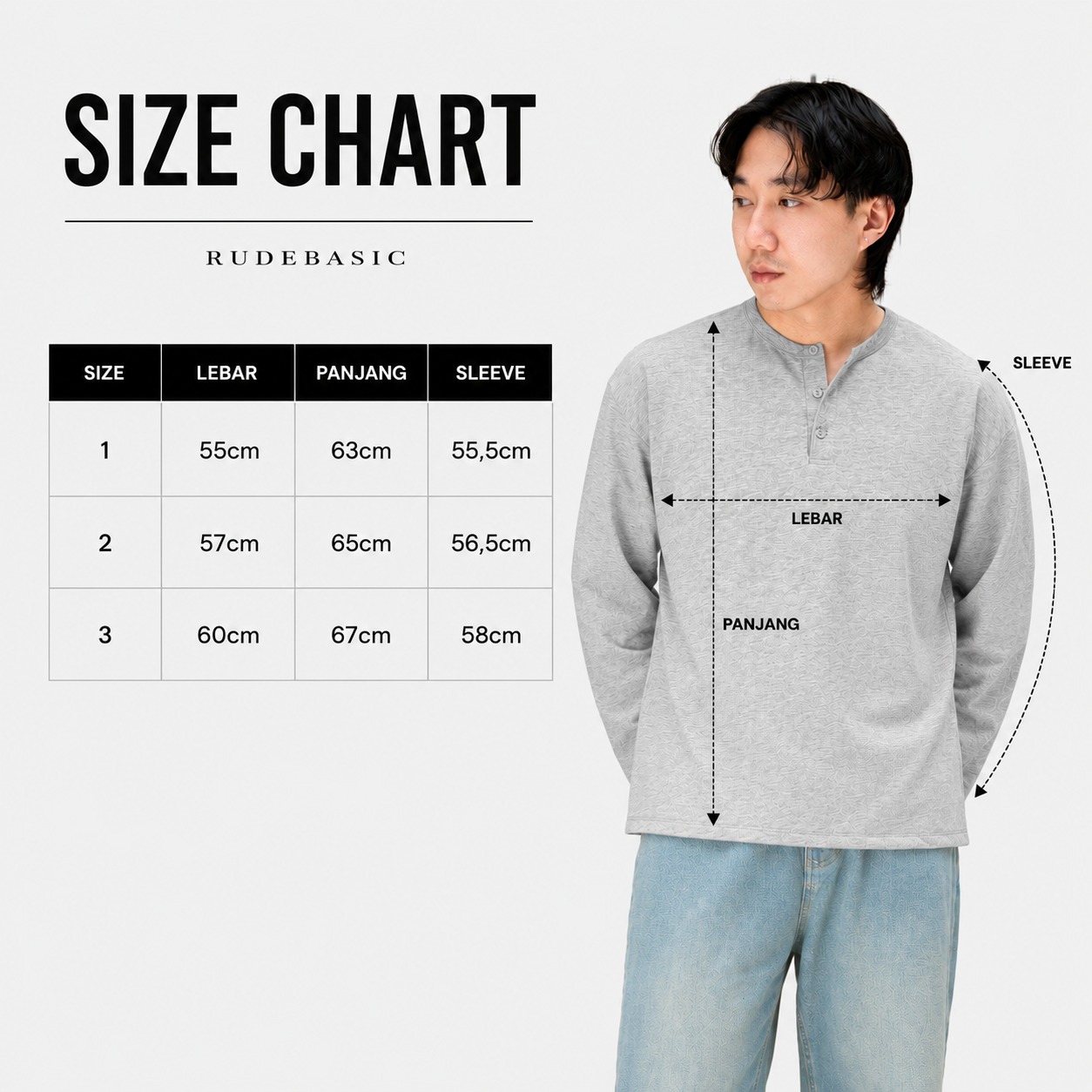 RUDEBASIC - Misty Grey Harvei Longsleeve Henley | Light weight cotton | henley pria | henley abu misty