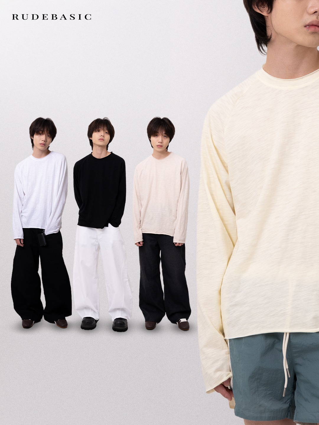 RUDEBASIC - Breez Slub Raglan Boxy Longsleeve | 100% Cotton | White, Black, Coconut, Butter