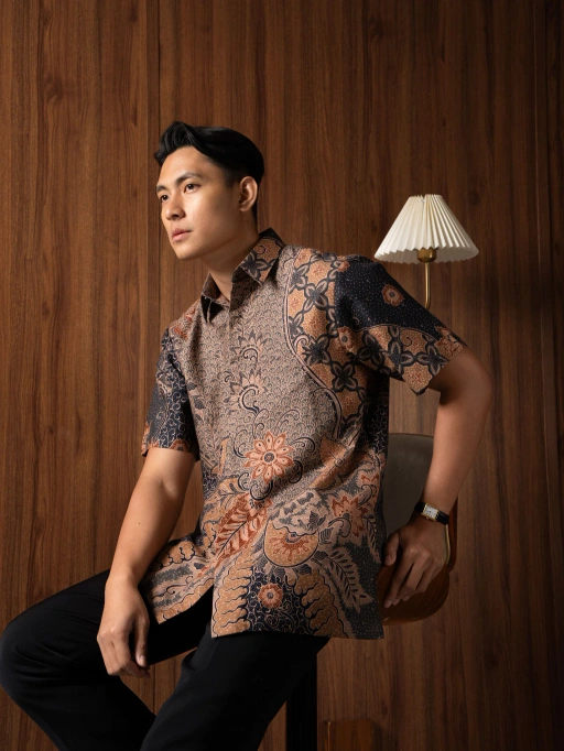 Image of Batik Ayman - BINAR BLUE CREAM LENGAN PENDEK | Kemeja Batik Pria Katun Dobby / Dobby Premium Lengan Pendek