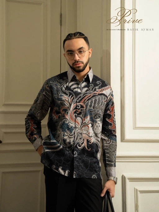 Image of Batik Ayman PRIVÉ - RANDHI BLACK GREY | Kemeja Batik Luxury Katun Refined / Silk Fine Cotton Lengan Panjang Terbaru