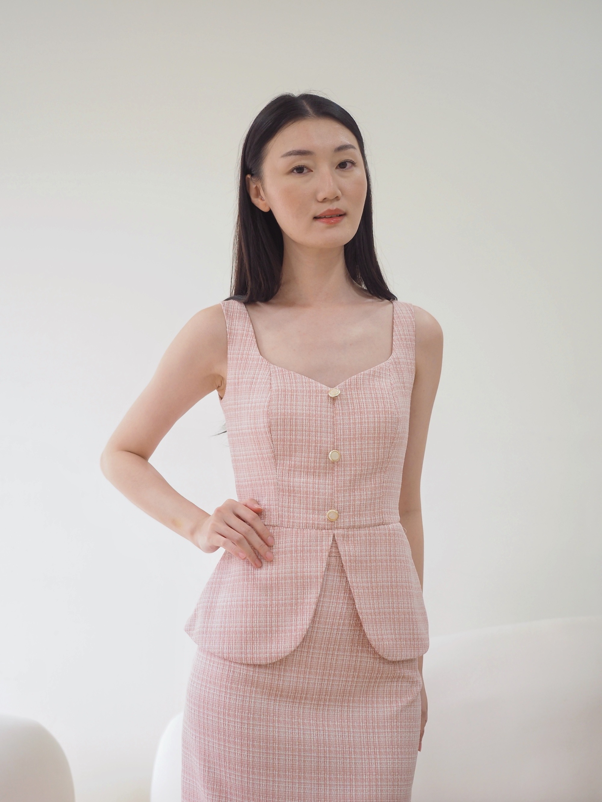 Kate Fitted Tweed Top In Pink