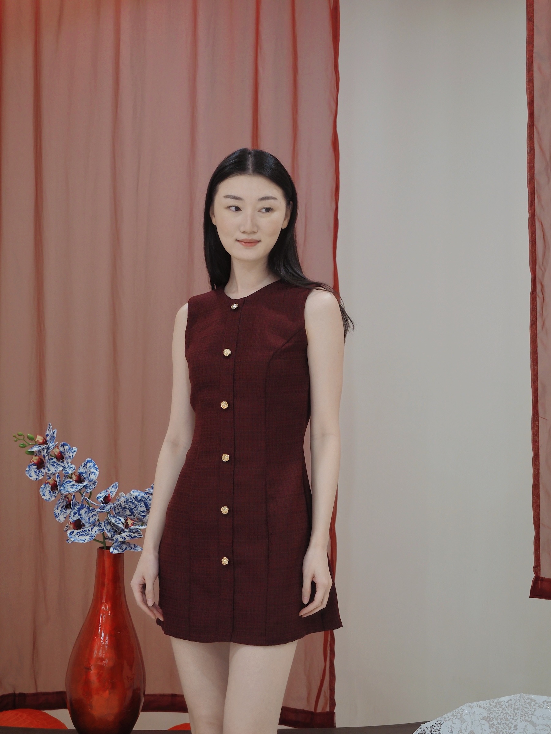 Anne Fitted Tweed Dress In Red