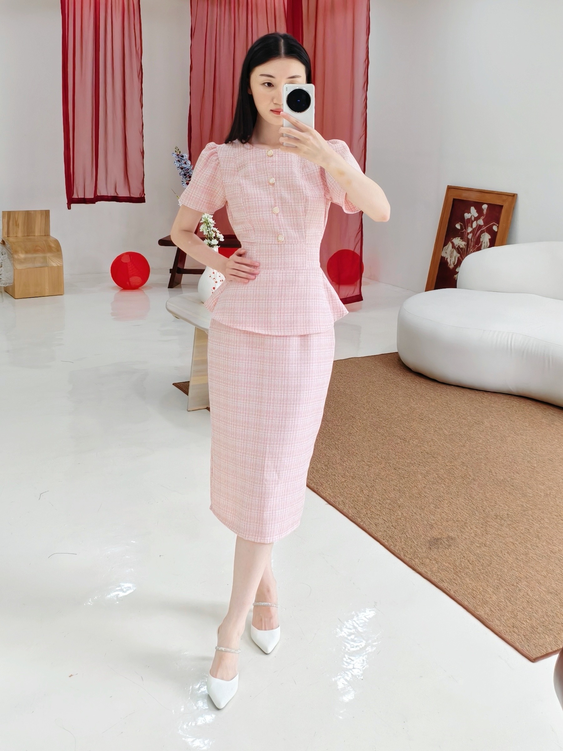 Diana Tweed Blouse In Pink