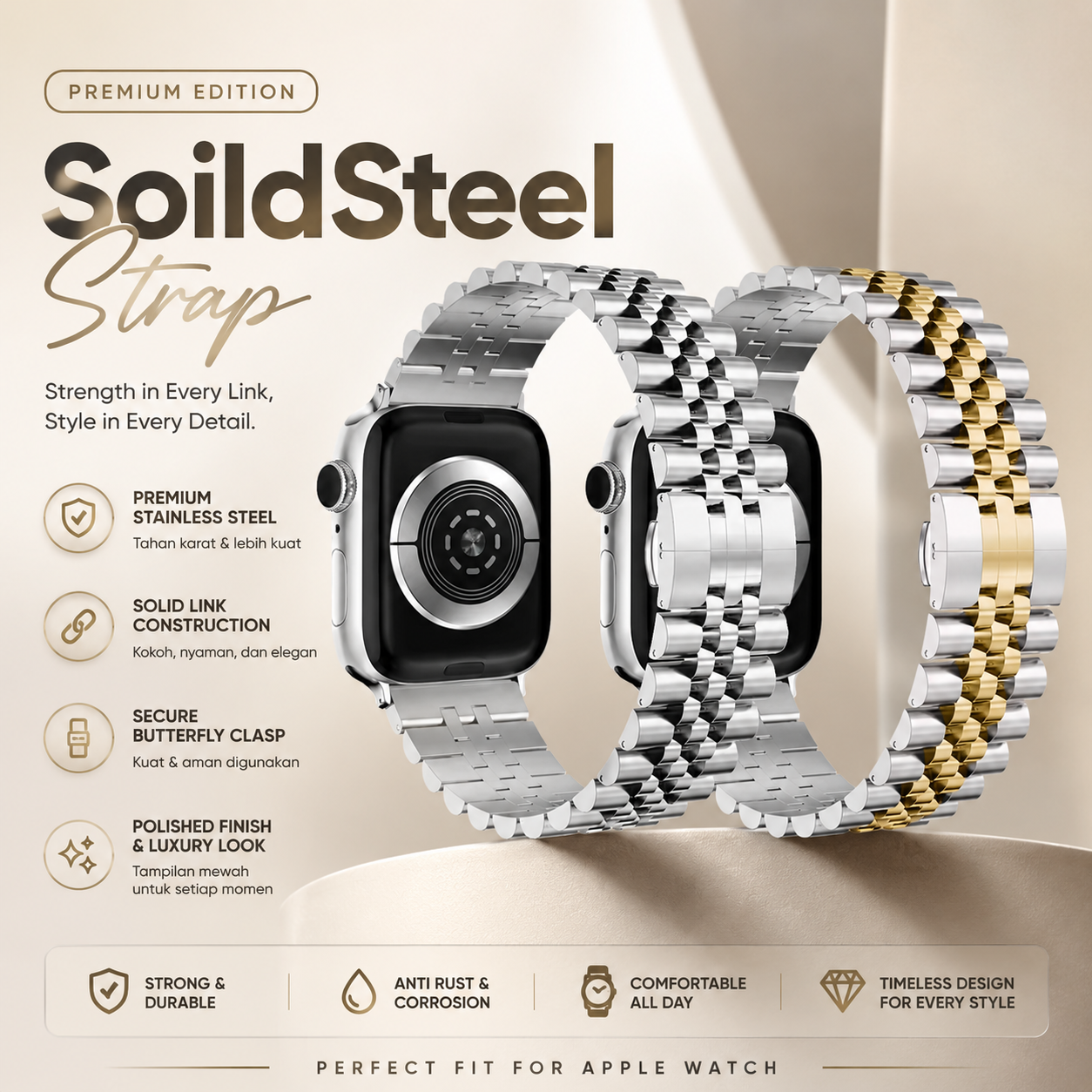 SolidSteel Premium Bracelet Stainless Strap for Apple Watch