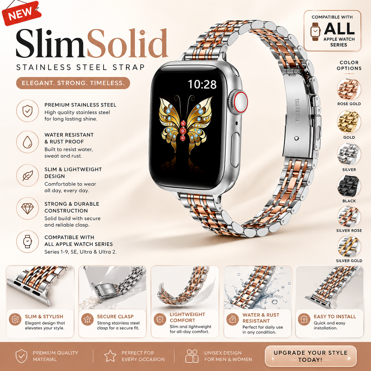 Slim SolidSteel Stainless Steel Strap for Apple Watch