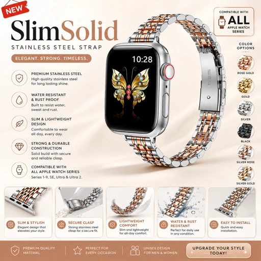 Slim SolidSteel Stainless Steel Strap for Apple Watch