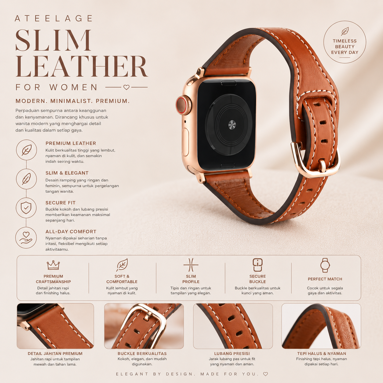 Ateelage Women Slim Leather Strap for Apple Watch
