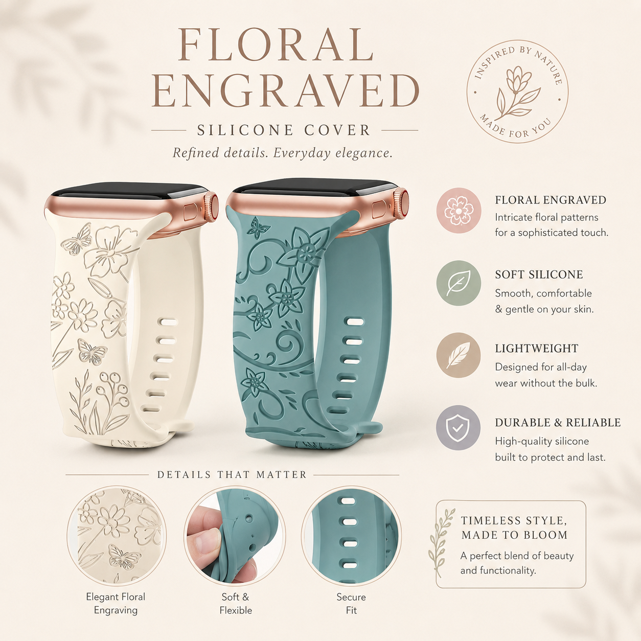 Soft Sport Engraved Band for Apple Watch – Motif Bunga