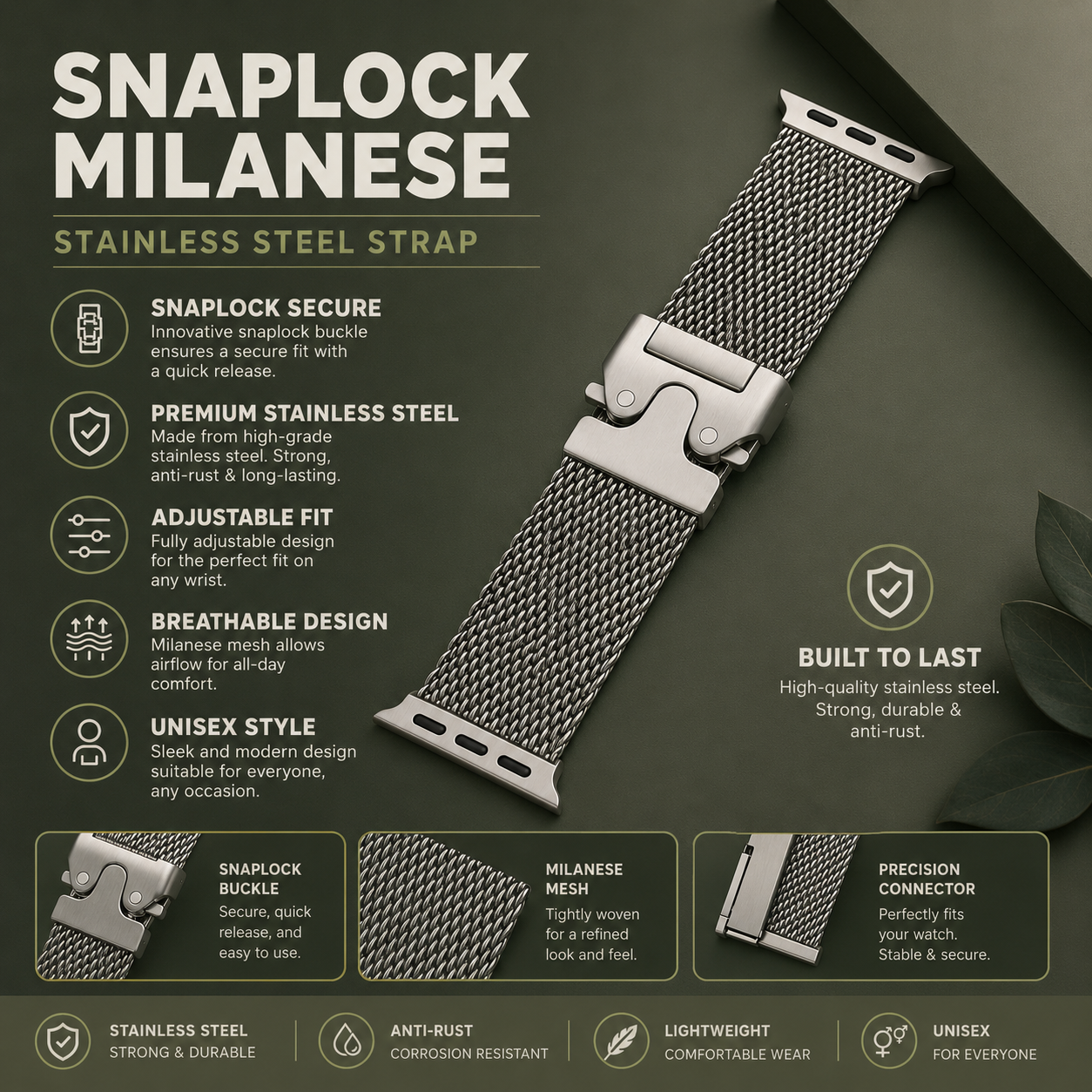 SnapLock Mesh Milanese Stainless Steel Strap for Apple Watch