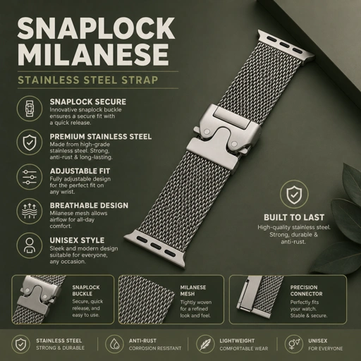 Image of SnapLock Mesh Milanese Stainless Steel Strap for Apple Watch