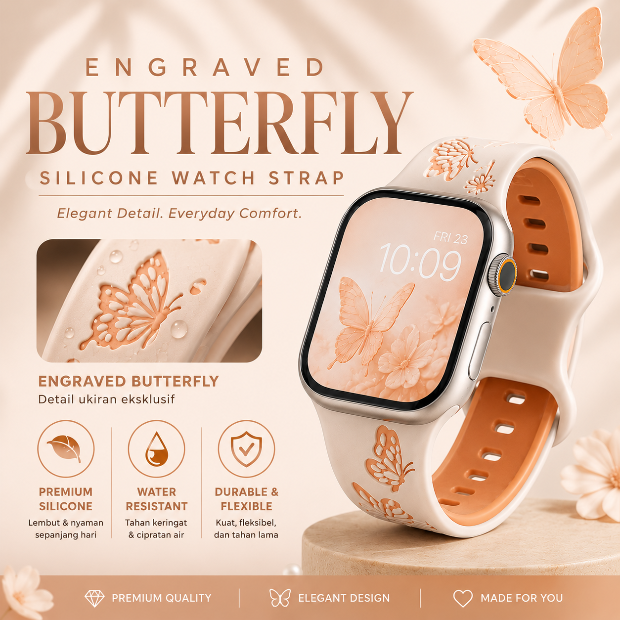 Butterfly Two Tone Engraved Strap for Apple Watch