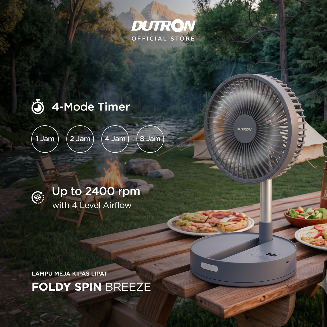DUTRON Foldy Spin Breeze Kipas Angin Portable 3 in 1 Tinggi Adjustable Swing Otomatis dengan Lampu LED Baterai 4400 mAh Rechargeable Type C